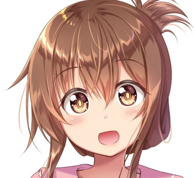 1girl :d brown_eyes brown_hair commentary_request eyebrows_visible_through_hair folded_ponytail gurande_(g-size) head_tilt inazuma_(kantai_collection) kantai_collection long_hair looking_at_viewer open_mouth simple_background smile smug solo white_background