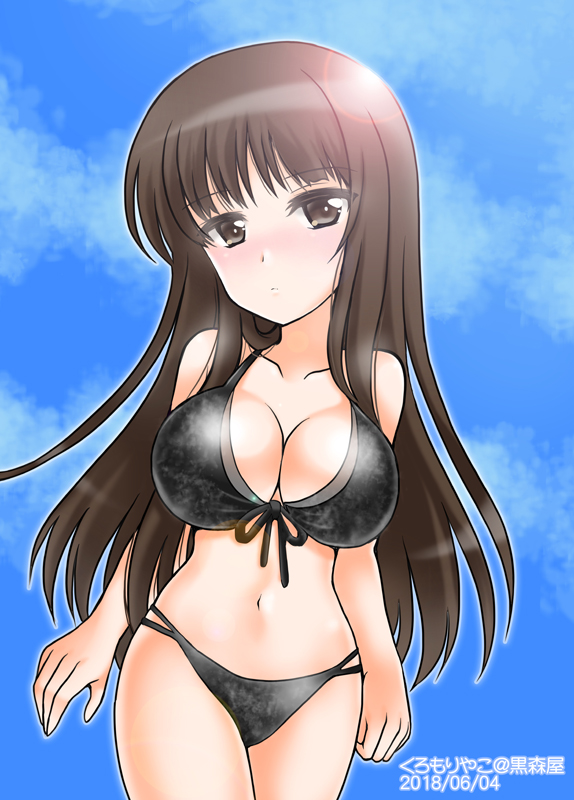 1girl bangs bikini black_bikini blunt_bangs blush breasts burafu closed_mouth clouds cloudy_sky collarbone commentary_request cowboy_shot dated day eyebrows_visible_through_hair front-tie_bikini front-tie_top girls_und_panzer large_breasts light_frown long_hair looking_at_viewer mature nishizumi_shiho outdoors sky solo standing straight_hair swimsuit