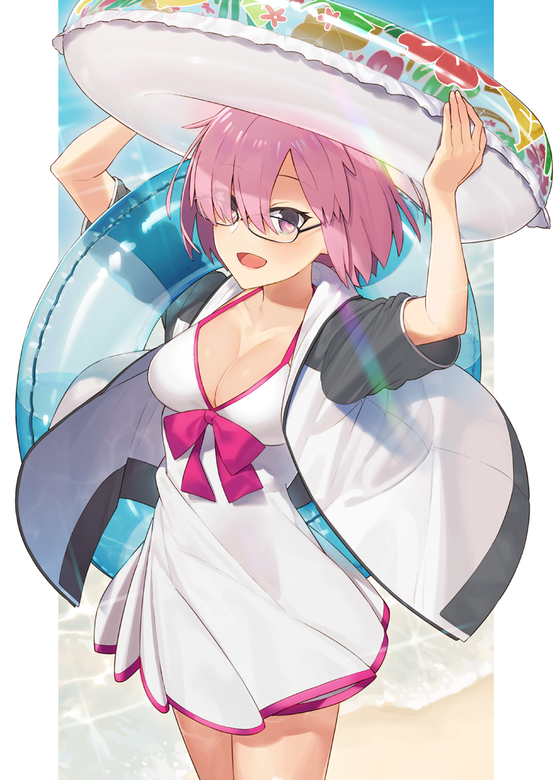 1girl :d arms_up beach blush bow breasts cleavage cowboy_shot dress fate/grand_order fate_(series) frame glasses hair_over_one_eye hayashi_kewi holding innertube looking_at_viewer mash_kyrielight ocean open_mouth out_of_frame pink_hair smile solo spaghetti_strap violet_eyes white_dress
