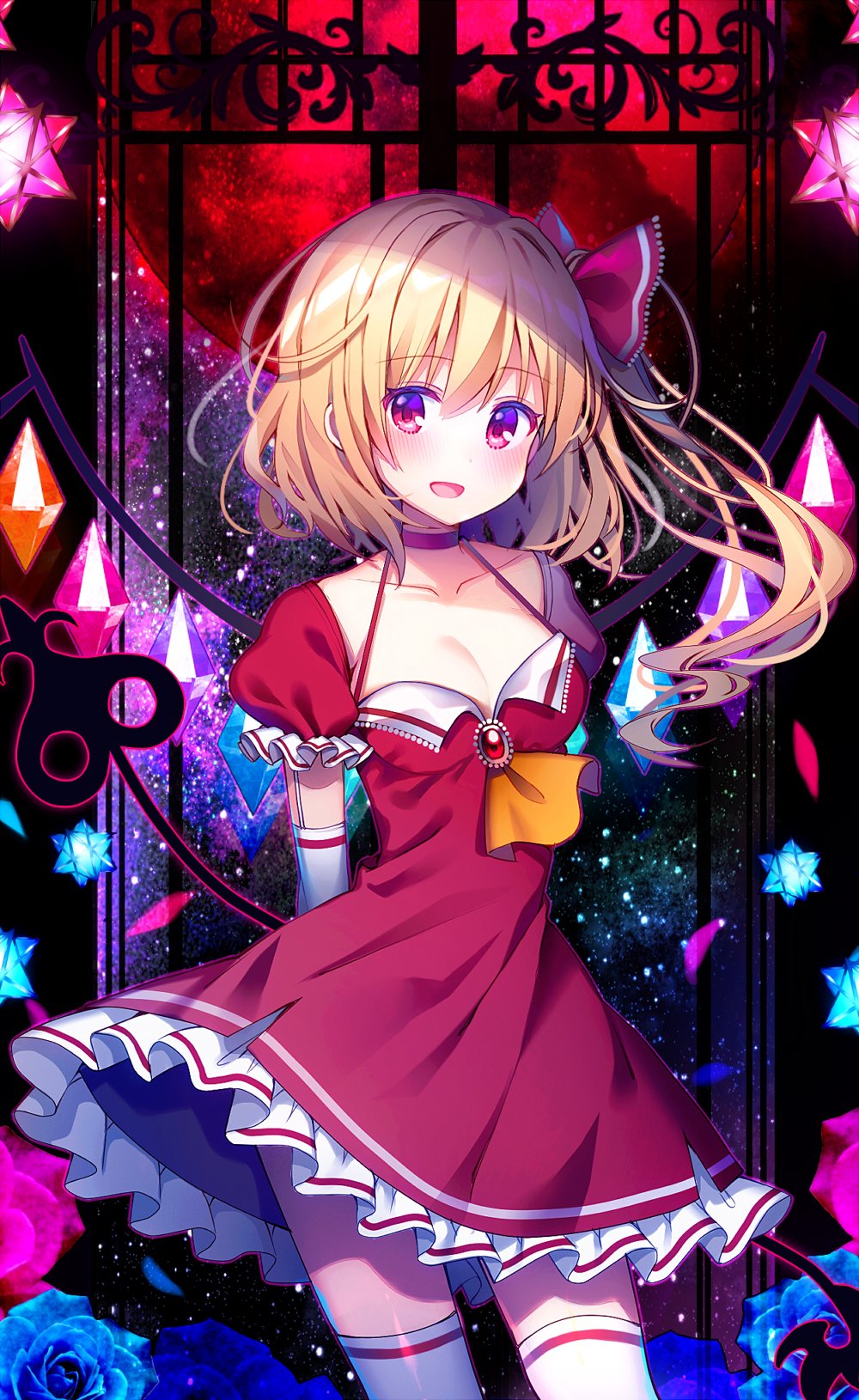 1girl :d adapted_costume arms_behind_back ascot blonde_hair blue_flower blue_rose blush breasts brooch cleavage collarbone commentary_request cowboy_shot crystal dress elbow_gloves eyebrows_visible_through_hair flandre_scarlet flower gloves hair_between_eyes hair_ribbon highres jewelry koto_seori laevatein looking_at_viewer medium_breasts moon no_hat no_headwear one_side_up open_mouth petticoat puffy_short_sleeves puffy_sleeves red_dress red_eyes red_moon red_ribbon ribbon rose short_dress short_hair short_sleeves sky smile solo standing star_(sky) starry_sky thigh-highs touhou white_gloves white_legwear wings yellow_neckwear zettai_ryouiki