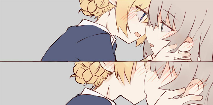 2koma bangs blonde_hair blue_eyes blue_sweater blush braid comic darjeeling dress_shirt from_side fud girls_und_panzer grey_background grey_shirt itsumi_erika kiss kuromorimine_school_uniform long_hair looking_at_another open_mouth school_uniform shirt short_hair silver_hair st._gloriana's_school_uniform sweater tied_hair twin_braids white_shirt yuri