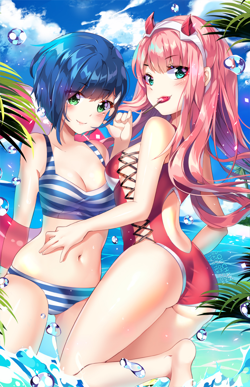 2girls aqua_eyes ass back_cutout bikini blue_hair blush breasts candy cleavage clouds darling_in_the_franxx food green_eyes hair_ornament hairband hairclip hand_on_another's_stomach highres horns ichigo_(darling_in_the_franxx) lollipop long_hair looking_at_viewer medium_breasts multiple_girls navel ocean one-piece_swimsuit patreon_username pink_hair red_horns red_swimsuit short_hair sky squchan striped striped_bikini swimsuit water_drop white_hairband zero_two_(darling_in_the_franxx)