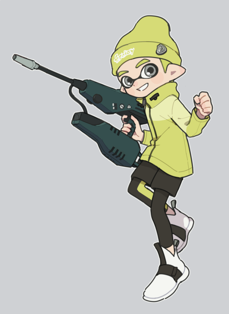 1boy beanie black_footwear black_legwear black_shorts domino_mask full_body gomi_(kaiwaresan44) green_hair green_jacket grey_background grey_eyes grin hat holding holding_weapon inkling inkling_(language) jacket jet_squelcher_(splatoon) leggings logo long_sleeves male_focus mask pointy_ears shoes shorts simple_background single_vertical_stripe smile solo splatoon splatoon_2 standing standing_on_one_leg tentacle_hair w_arms weapon white_footwear