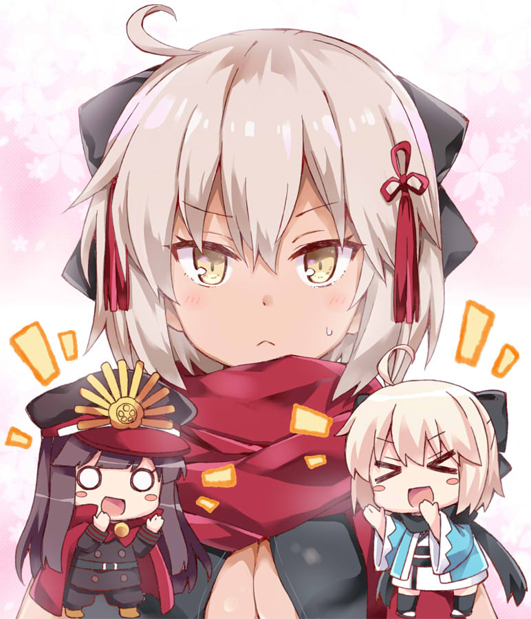&gt;o&lt; 3girls ahoge black_bow black_hair black_ribbon black_scarf blonde_hair bow breasts cape chibi cleavage commentary_request dark_skin eyebrows_visible_through_hair fate/grand_order fate_(series) hair_between_eyes hair_ornament hat japanese_clothes kimono long_hair looking_at_viewer military military_uniform multiple_girls oda_nobunaga_(fate) okita_souji_(fate) okita_souji_alter_(fate) peaked_cap red_cape red_scarf ribbon rioshi scarf short_hair uniform white_kimono