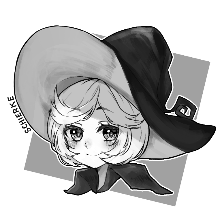 1girl berserk blush character_name closed_mouth commentary commission english_commentary eyebrows_visible_through_hair grey_background greyscale hat looking_at_viewer monochrome osiimi outline portrait schierke short_hair simple_background smile solo white_outline wing_collar witch_hat