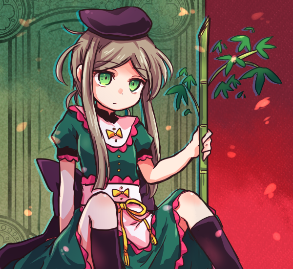 1girl bamboo brown_hair dress eyebrows_visible_through_hair green_dress green_eyes hat pote_(ptkan) puffy_short_sleeves puffy_sleeves short_sleeves sitting solo teireida_mai touhou