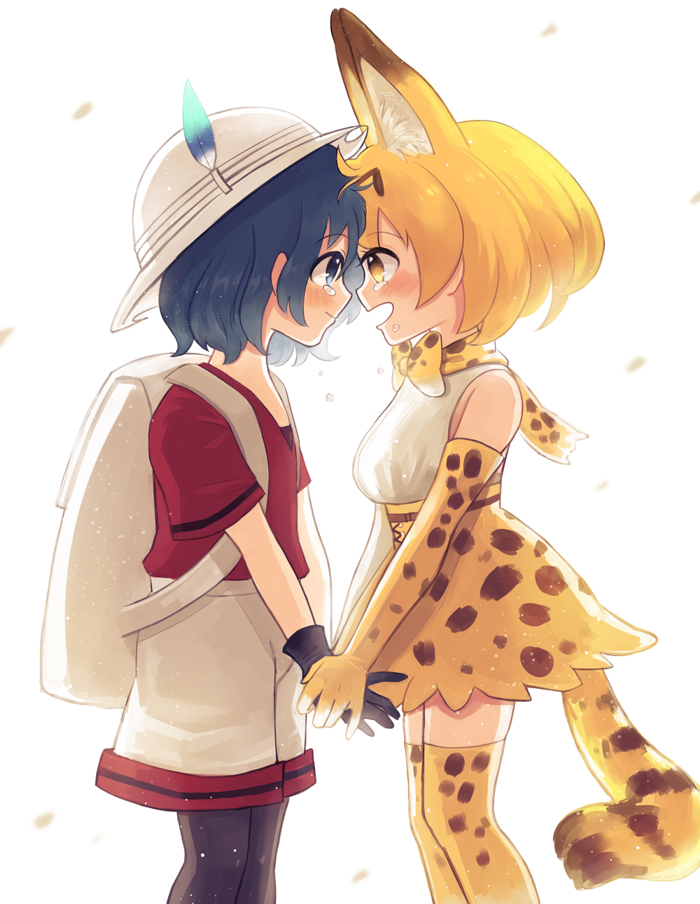 2girls amy30535 animal_ears backpack bag blonde_hair blue_eyes blue_hair blush breasts commentary_request extra_ears flat_chest forehead-to-forehead hand_holding happy_tears highres kaban_(kemono_friends) kemono_friends medium_breasts multiple_girls open_mouth pantyhose pantyhose_under_shorts red_shirt serval_(kemono_friends) serval_ears serval_print serval_tail shirt shorts skirt smile t-shirt tail tears yellow_eyes yuri