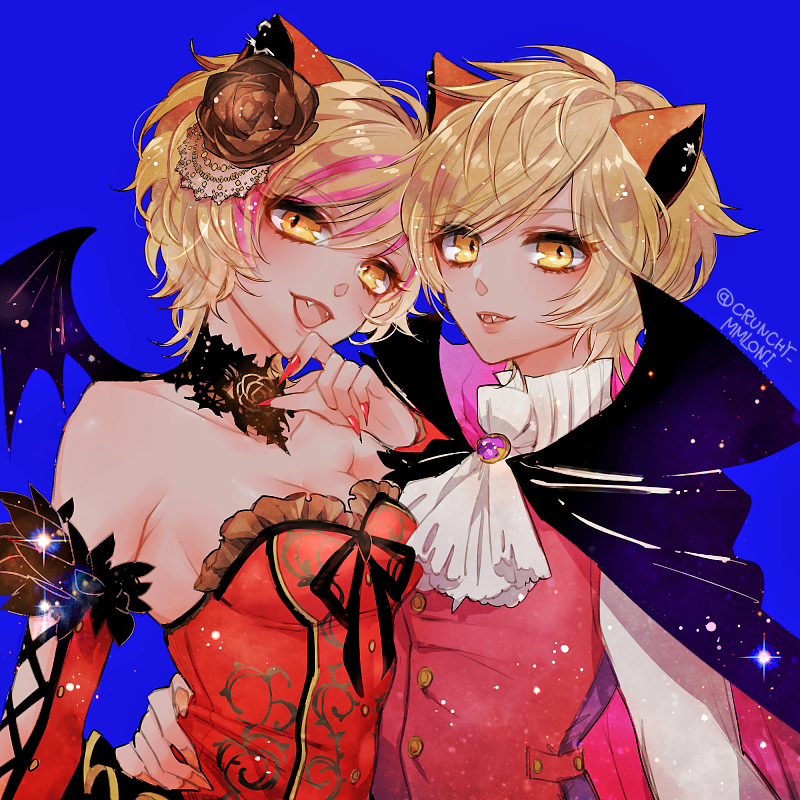 2girls :d animal_ears ascot bare_shoulders blonde_hair blue_background breasts cape character_request chino_machiko cleavage detached_sleeves fangs fingernails flower hair_flower hair_ornament hug long_sleeves looking_at_viewer medium_breasts multiple_girls nail_polish open_mouth orange_flower orange_nails orange_rose parted_lips red_nails red_vest rose sharp_fingernails short_hair show_by_rock!! simple_background smile vest waist_hug wings yellow_eyes