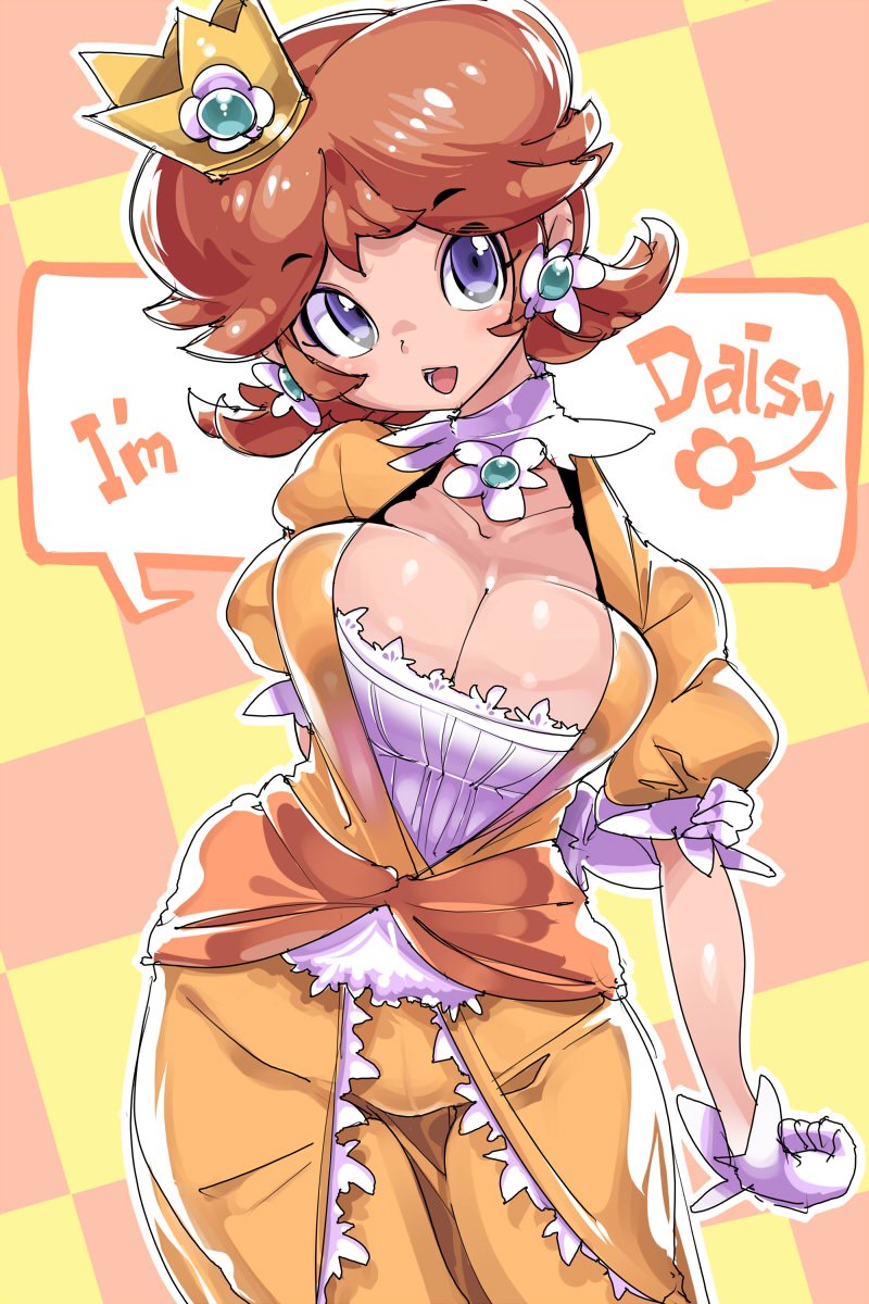 1girl blue_eyes breasts bursting_breasts character_name checkered checkered_background chris_(mario) cleavage crown daisy dress earrings english eyebrows_visible_through_hair flower flower_ornament gloves highres jewelry large_breasts looking_at_viewer super_mario_bros. mini_crown nintendo open_mouth princess_daisy puffy_short_sleeves puffy_sleeves short_sleeves simple_background smile solo speech_bubble super_mario_bros. super_smash_bros. text_focus white_gloves