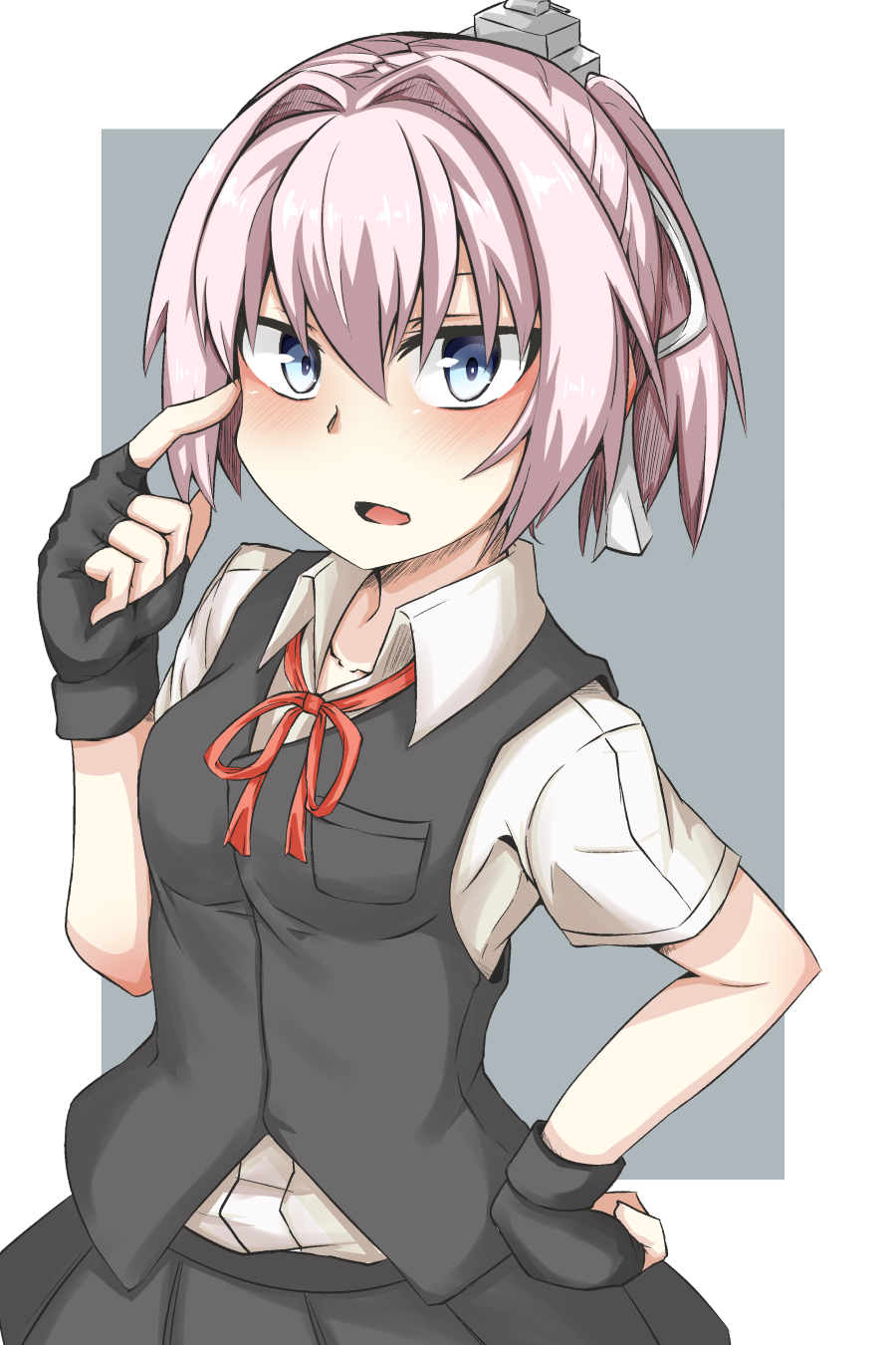 1girl bangs black_gloves black_skirt black_vest blue_eyes blush breast_pocket collarbone collared_shirt commentary fingerless_gloves gloves hair_intakes hair_ornament hair_ribbon hand_on_hip hand_up highres kantai_collection looking_at_viewer neck_ribbon ocha_no_mae open_mouth pink_hair pleated_skirt pocket ponytail red_neckwear red_ribbon remodel_(kantai_collection) ribbon shiranui_(kantai_collection) shirt short_sleeves skirt solo vest white_ribbon white_shirt