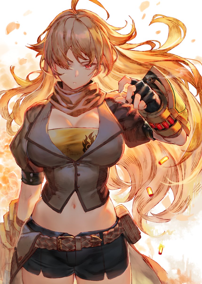 1girl ahoge belt black_shorts blazer breasts brown_belt buckle cleavage commentary cowboy_shot facing_viewer fingerless_gloves gloves hair_over_eyes hand_up highres izumi_sai jacket large_breasts long_hair midriff navel one_eye_covered puffy_short_sleeves puffy_sleeves red_eyes rwby scarf shell_casing short_shorts short_sleeves shorts thighs vambraces waist_cape wavy_hair yang_xiao_long
