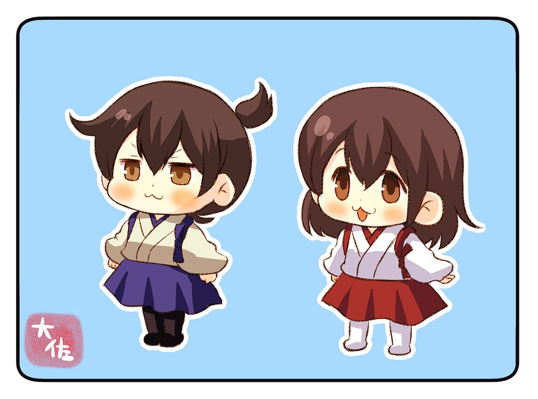 2girls :3 akagi_(kantai_collection) artist_logo black_legwear blue_background blue_skirt brown_eyes brown_hair hakama_skirt japanese_clothes kaga_(kantai_collection) kantai_collection long_hair multiple_girls pako_(pousse-cafe)_(style) parody pleated_skirt red_skirt short_hair side_ponytail simple_background skirt style_parody taisa_(kari) tasuki white_legwear younger