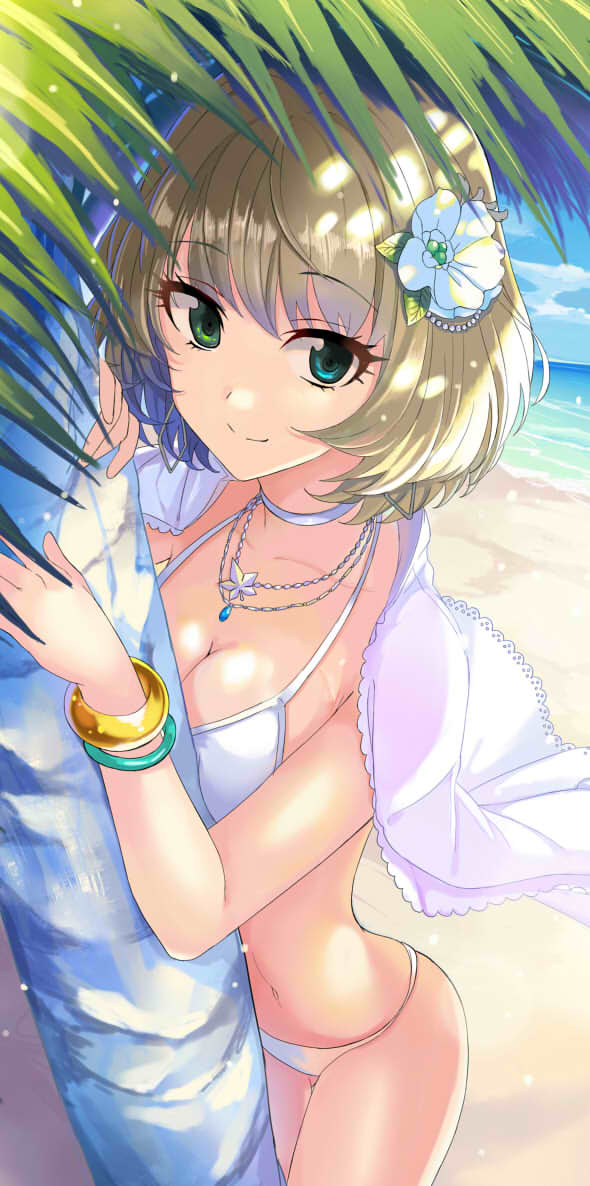 1girl ashita_(2010) bangs bare_shoulders beach bikini blue_eyes blue_sky bracelet breasts brown_hair choker cleavage collarbone eyebrows_visible_through_hair flower green_eyes hair_flower hair_ornament heterochromia hips idolmaster idolmaster_cinderella_girls jewelry medium_breasts mole mole_under_eye necklace ocean palm_tree shade short_hair sky smile solo sunlight swept_bangs swimsuit takagaki_kaede thighs tree waist white_bikini