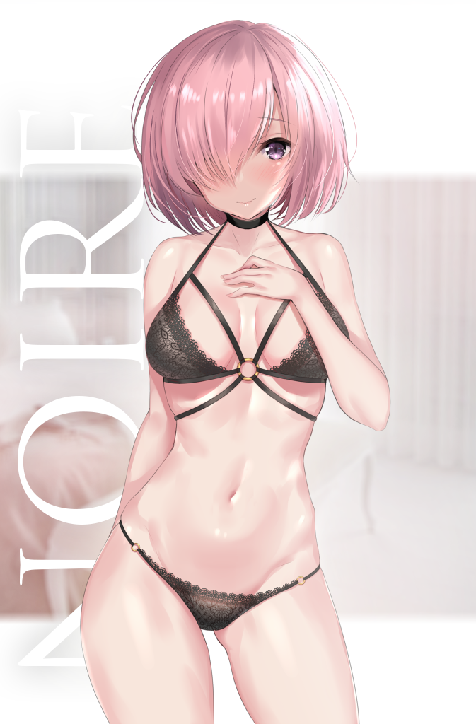 1girl arm_behind_back bare_arms bare_shoulders bed bedroom black_bra black_panties blurry blurry_background blush bra breasts breasts_apart closed_mouth collarbone contrapposto cowboy_shot curtains ero_waifu eyebrows_visible_through_hair fate/grand_order fate_(series) fingernails groin hair_over_one_eye halter_top halterneck hand_on_own_chest hand_up lace lace-trimmed_bra lace-trimmed_panties legs_apart lingerie looking_at_viewer mash_kyrielight medium_breasts navel o-ring_bottom o-ring_top panties pillow pink_hair print_bra print_panties shiny shiny_hair shiny_skin short_hair smile solo standing stomach underwear underwear_only violet_eyes
