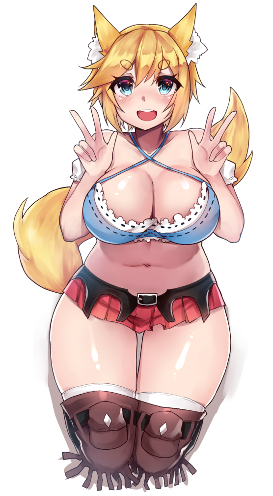 1girl :d animal_ears bare_shoulders belt blonde_hair blue_bra bra breasts brown_legwear cleavage commentary commission criss-cross_halter double_w english_commentary fox_ears fox_tail halterneck hands_up looking_at_viewer microskirt navel open_mouth original osiimi pleated_skirt pouch puffy_short_sleeves puffy_sleeves red_skirt seiza short_hair short_sleeves simple_background sitting skirt smile solo tail thigh-highs underwear w white_background