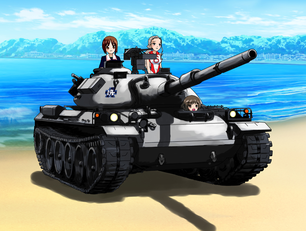 3girls akiyama_yukari beach blonde_hair brown_hair clouds day emblem girls_und_panzer graphite_(medium) ground_vehicle gun machine_gun military military_vehicle motor_vehicle mountain multiple_girls nishizumi_miho ooarai_(emblem) ooarai_military_uniform ponytail sand sasaki_akebi short_hair sky tank traditional_media tree type_74 weapon yamucya01