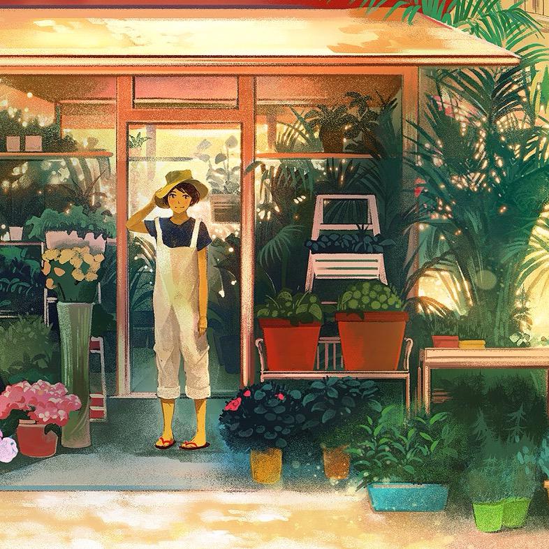 1girl blue_shirt brown_eyes brown_hair closed_mouth commentary_request flower gemi hat looking_at_viewer original overalls plant pot potted_plant sandals shirt short_hair short_sleeves smile solo standing yellow_hat