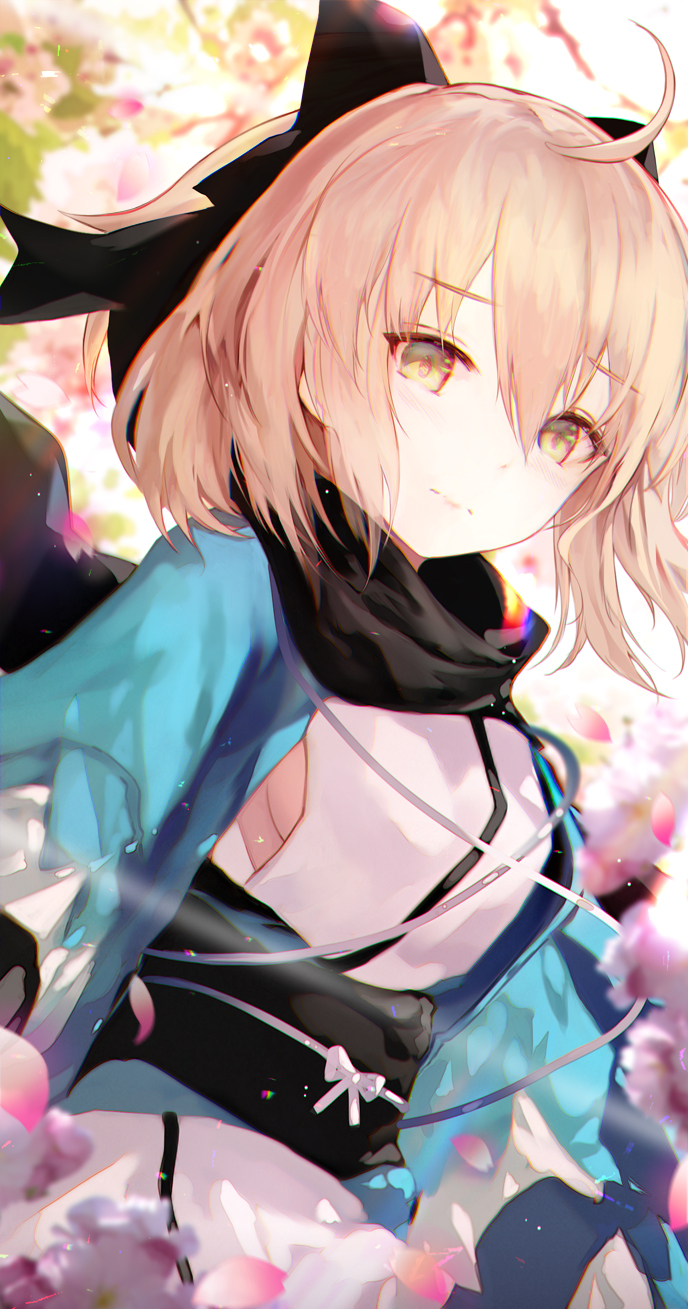 1girl ahoge bangs blonde_hair blurry blush bow breasts cherry_blossoms closed_mouth eyebrows_visible_through_hair fate/grand_order fate_(series) hair_between_eyes hair_bow haori highres japanese_clothes jname kimono koha-ace looking_at_viewer obi okita_souji_(fate) sash scarf short_hair solo upper_body wide_sleeves yellow_eyes