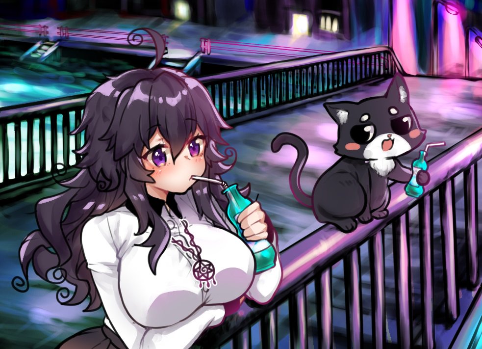 1girl ahoge black_cat black_skirt bottle breasts cat commentary_request holding huge_breasts jewelry long_hair messy_hair necklace nyarla_(osiimi) original osiimi pleated_skirt purple_hair railing shirt sipping skirt solo violet_eyes white_shirt