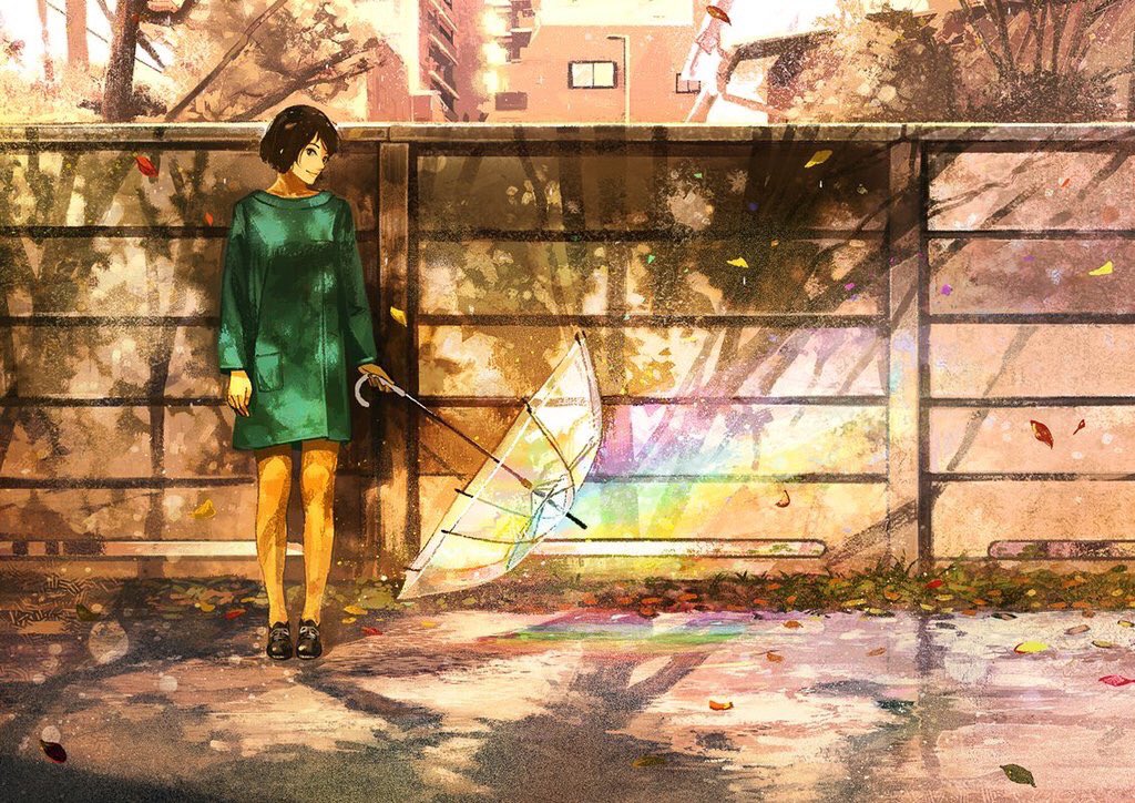 1girl black_footwear brown_hair building commentary_request fence gemi green_shirt holding holding_umbrella long_sleeves looking_at_viewer original oversized_clothes oversized_shirt pantyhose shadow shirt shoes short_hair solo standing transparent_umbrella umbrella yellow_legwear