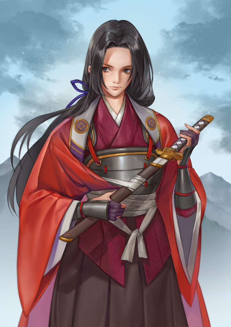 androgynous black_hair bracer breastplate clouds copyright_request day fingerless_gloves gloves grey_eyes long_hair mountain ogyue outdoors sheath sheathed side_glance standing weapon wide_sleeves