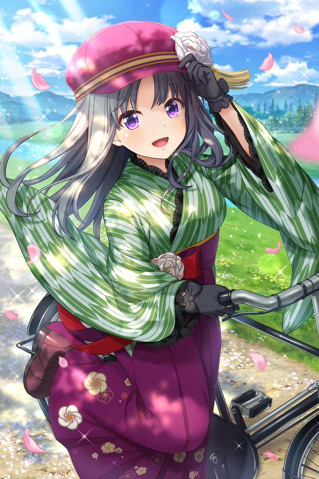 1girl adjusting_clothes adjusting_hat alternative_girls bangs bicycle black_gloves brown_footwear clouds cloudy_sky day floral_print flower gloves green_kimono grey_hair ground_vehicle hakama hat highres japanese_clothes kimono long_hair long_sleeves looking_at_viewer meiji_schoolgirl_uniform official_art open_mouth outdoors pink_hakama pink_hat pink_petals road sky smile violet_eyes white_flower wide_sleeves yagasuri