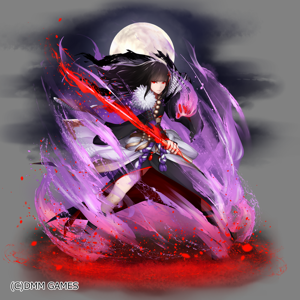 1girl aura bangs black_hair black_kimono blunt_bangs closed_mouth floating_hair holding holding_sword holding_weapon japanese_clothes kageshio_(276006) kimono legs_apart long_hair long_sleeves red_eyes sennen_sensou_aigis solo standing sword watermark weapon wide_sleeves