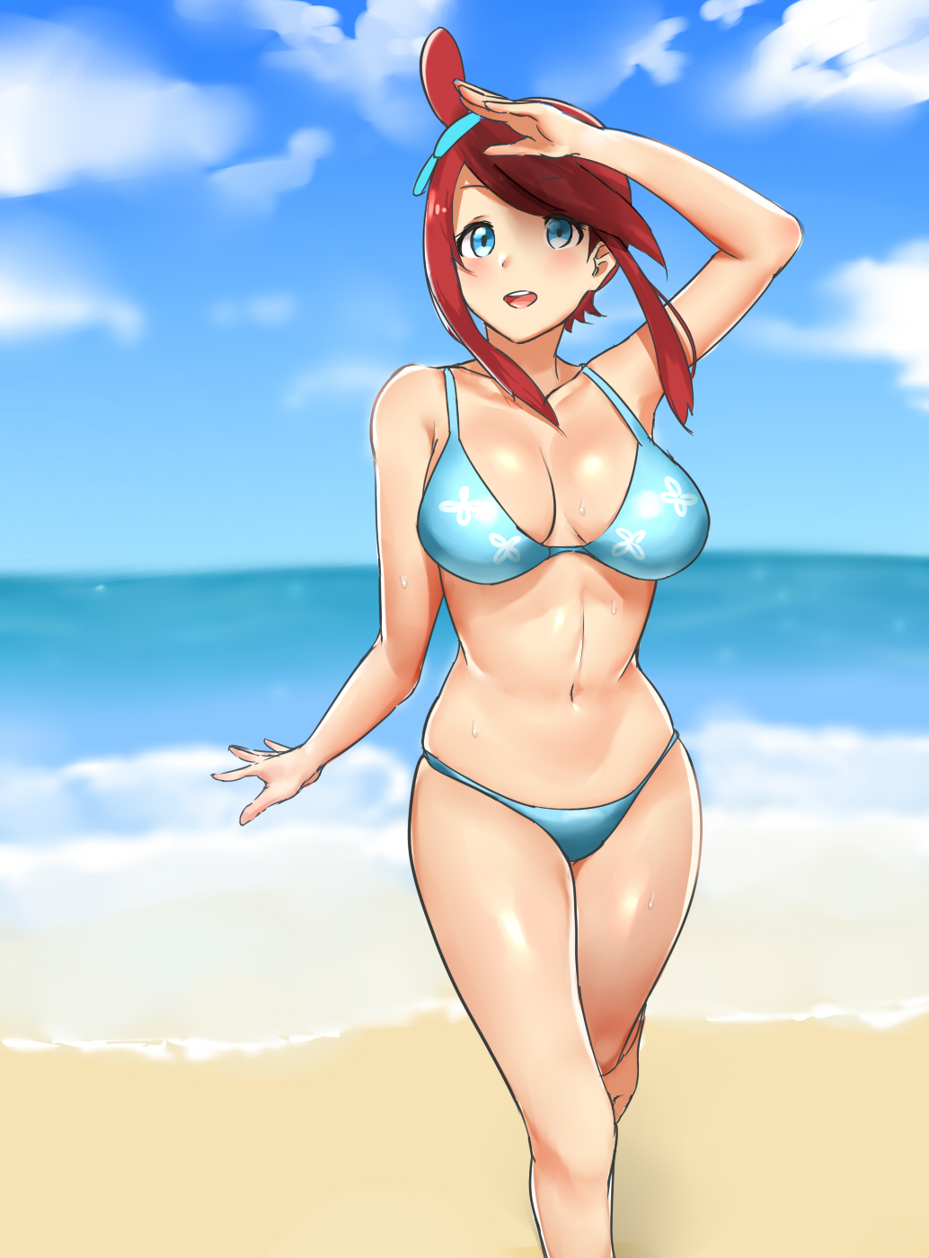 1girl :d beach bikini blue_bikini blue_eyes breasts day fuuro_(pokemon) hand_up highres large_breasts looking_at_viewer ocean open_mouth outdoors pokemon pokemon_(game) pokemon_bw redhead shading_face smile solo standing swimsuit wet