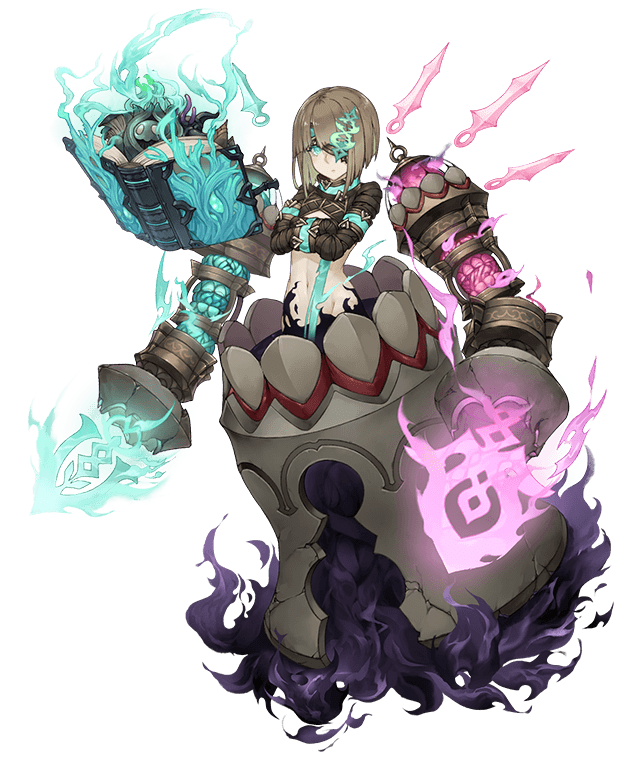 1girl aqua_eyes book bound bound_arms brown_hair dark_persona energy_blade expressionless extra_arms eyepatch full_body gretel_(sinoalice) half-nightmare ji_no navel official_art pale_skin sinoalice solo straitjacket teeth transparent_background
