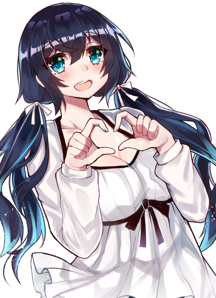 1girl :d black_ribbon blue_eyes blue_hair blush breasts cleavage dress hair_between_eyes hair_ribbon hands_up heart heart_hands large_breasts long_hair long_sleeves looking_at_viewer low-tied_long_hair low_twintails open_mouth osiimi pleated_dress ribbon round_teeth sash short_dress simple_background smile solo teeth twintails white_background white_dress white_ribbon