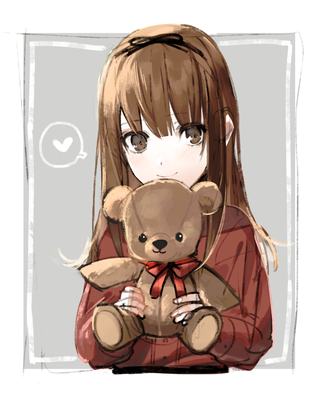 1girl bangs blunt_bangs brown_eyes brown_hair chiicoo eyebrows_visible_through_hair holding long_hair neck_ribbon original red_ribbon ribbon sketch smile solo stuffed_animal stuffed_toy teddy_bear upper_body