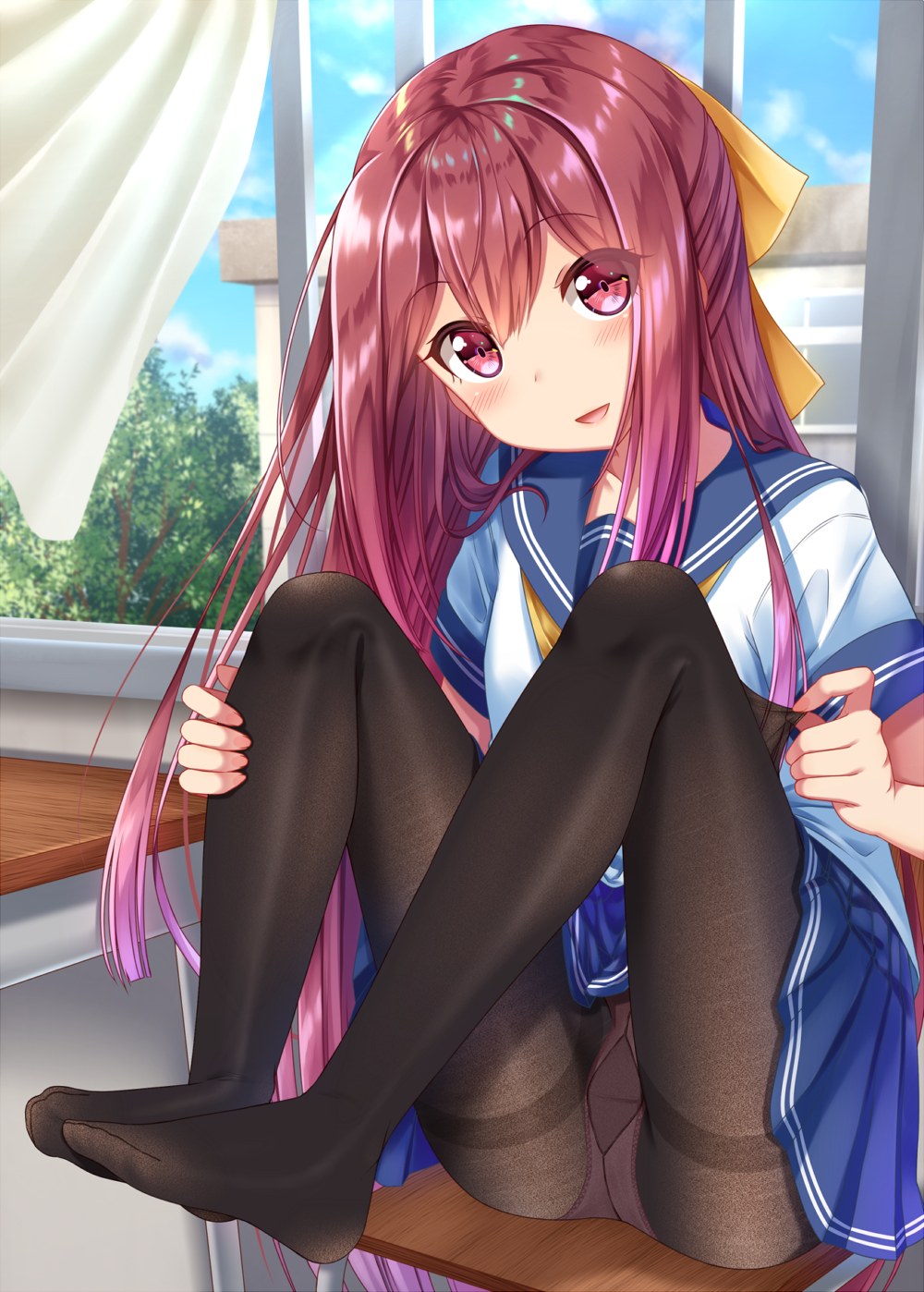 1girl :d alternate_costume blue_sailor_collar blue_skirt blue_sky blush brown_legwear classroom clouds cloudy_sky commentary_request curtains desk eyebrows_visible_through_hair fine_fabric_emphasis gradient_hair gurande_(g-size) gusset hair_ribbon highres indoors kamikaze_(kantai_collection) kantai_collection long_hair looking_at_viewer multicolored_hair neckerchief no_shoes open_mouth pantyhose parted_lips pink_hair pleated_skirt red_eyes redhead ribbon sailor_collar school school_desk school_uniform serafuku shirt short_sleeves skirt sky smile solo thighband_pantyhose very_long_hair white_shirt window yellow_neckwear yellow_ribbon