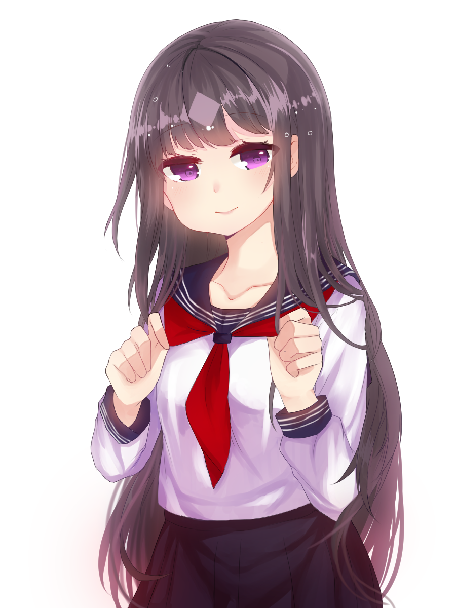 1girl black_skirt blue_sailor_collar brown_hair closed_mouth hands_up highres long_hair looking_at_viewer necktie original osiimi pleated_skirt red_neckwear sailor_collar school_uniform serafuku simple_background skirt smile solo standing very_long_hair violet_eyes white_background