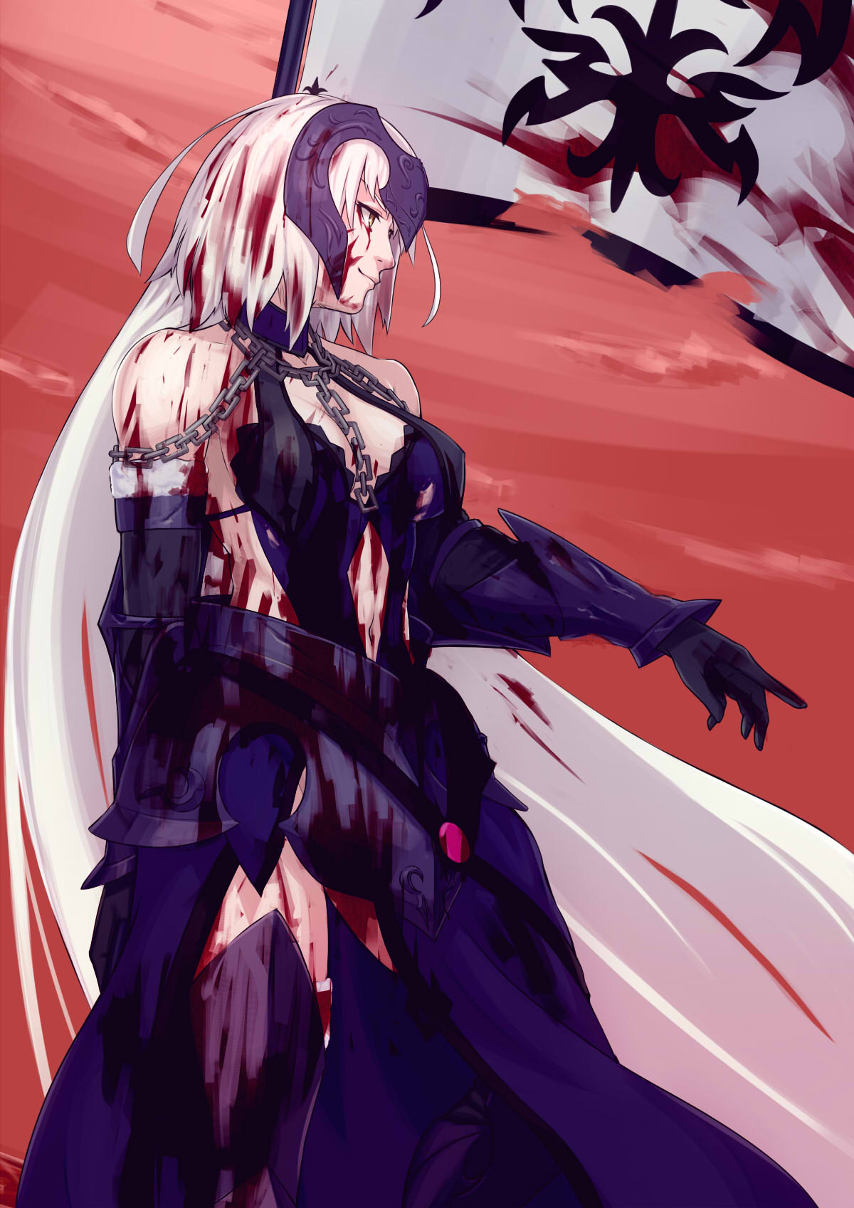 1girl absurdly_long_hair armor armored_boots armored_dress banner black_gloves blood blood_on_face bloody_clothes blue_dress boots dress fate/grand_order fate_(series) floating_hair gloves grin highres holding holding_weapon index_finger_raised jeanne_d'arc_(alter)_(fate) jeanne_d'arc_(fate)_(all) kikken long_hair no_panties outdoors silver_hair sleeveless sleeveless_dress smile solo standing thigh-highs thigh_boots very_long_hair weapon yellow_eyes