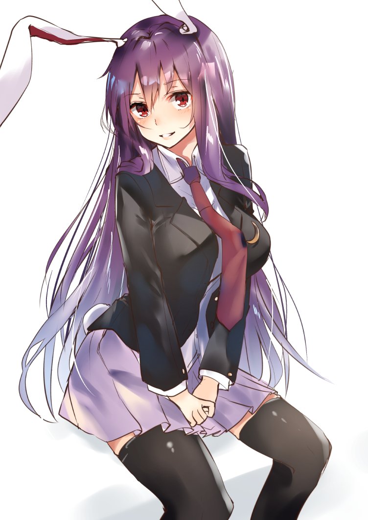 1girl animal_ears asuzemu bangs black_legwear blouse blush breasts bunny_tail buttons collared_blouse eyebrows_visible_through_hair hair_between_eyes large_breasts long_hair long_sleeves looking_at_viewer medium_skirt necktie parted_lips pleated_skirt purple_hair rabbit_ears red_eyes red_neckwear reisen_udongein_inaba shirt simple_background sitting skirt smile solo tail thigh-highs touhou very_long_hair white_background white_blouse zettai_ryouiki