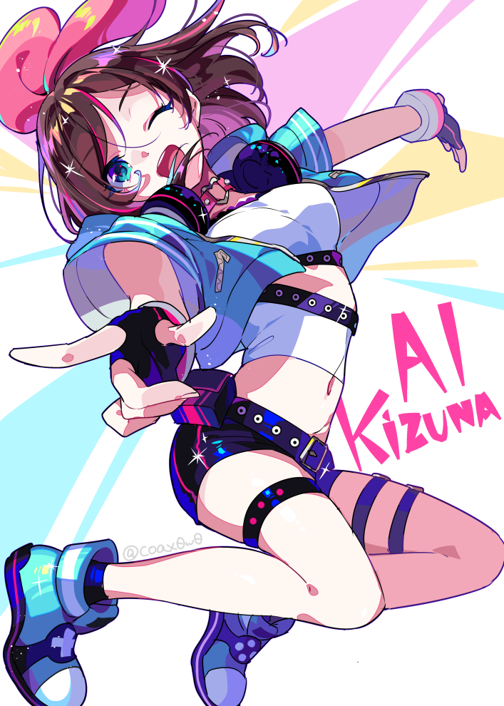 1girl ;d a.i._channel bow breasts brown_hair fingerless_gloves full_body gloves hairband hanasaki_coa headphones jacket kizuna_ai leg_belt looking_at_viewer navel one_eye_closed open_clothes open_mouth pink_bow pink_hair pink_hairband short_hair short_sleeves shorts smile solo virtual_youtuber