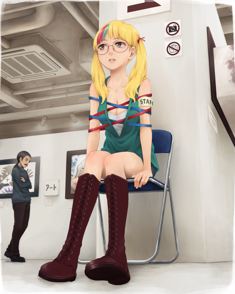 1boy 1girl art_gallery bare_shoulders blonde_hair boots breasts brown_footwear chair cleavage commentary_request facial_hair glasses green_shirt grey_eyes grey_hair large_breasts multicolored_hair mustache original painting_(object) parted_lips ponytail round_eyewear shirt sitting solo_focus streaked_hair twintails yajirushi_(chanoma)