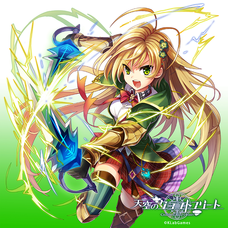 &gt;:d antenna_hair black_gloves blonde_hair bow bracer clover clover_hair_ornament copyright_name dual_wielding electricity fighting_stance four-leaf_clover gloves gradient gradient_background green_background green_eyes green_legwear hair_ornament holding holding_sword holding_weapon jewelry long_hair looking_at_viewer official_art plaid plaid_skirt red_bow red_ribbon red_skirt ribbon ripodpotato skirt standing standing_on_one_leg striped striped_legwear sword tenkuu_no_craft_fleet thigh-highs thigh_strap very_long_hair watermark weapon