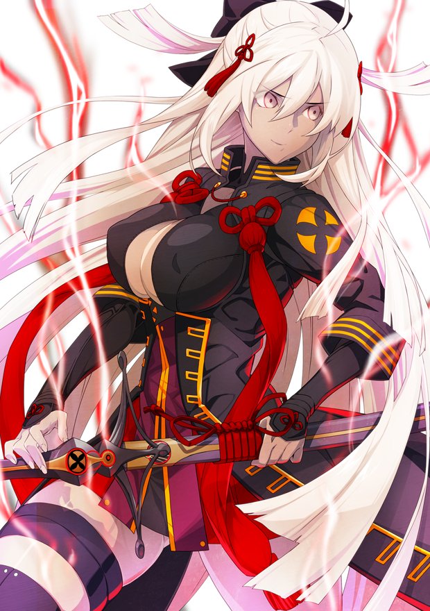 1girl ahoge black_bow bow breasts cleavage cleavage_cutout commentary_request dark_skin dress fate/grand_order fate_(series) hair_between_eyes hair_bow hair_ornament large_breasts long_hair okita_souji_(fate) okita_souji_alter_(fate) open_collar red_bow sami_(object_dump) scabbard sheath solo sword thigh-highs thigh_strap underbust very_long_hair weapon yellow_eyes