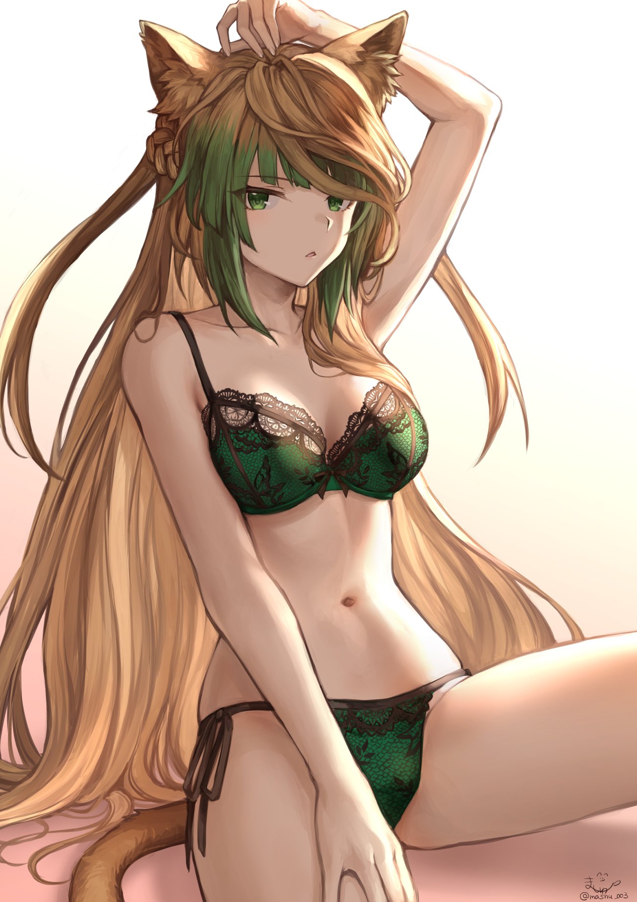 1girl ahoge animal_ears atalanta_(fate) bangs bare_shoulders blonde_hair bra braid breasts cat_ears cat_tail collarbone fate/apocrypha fate_(series) french_braid gradient gradient_background gradient_hair green_bra green_eyes green_hair green_panties hand_on_head highres long_hair looking_at_viewer mashu_003 medium_breasts multicolored_hair navel panties parted_lips side-tie_panties sitting solo tail thighs two-tone_hair underwear