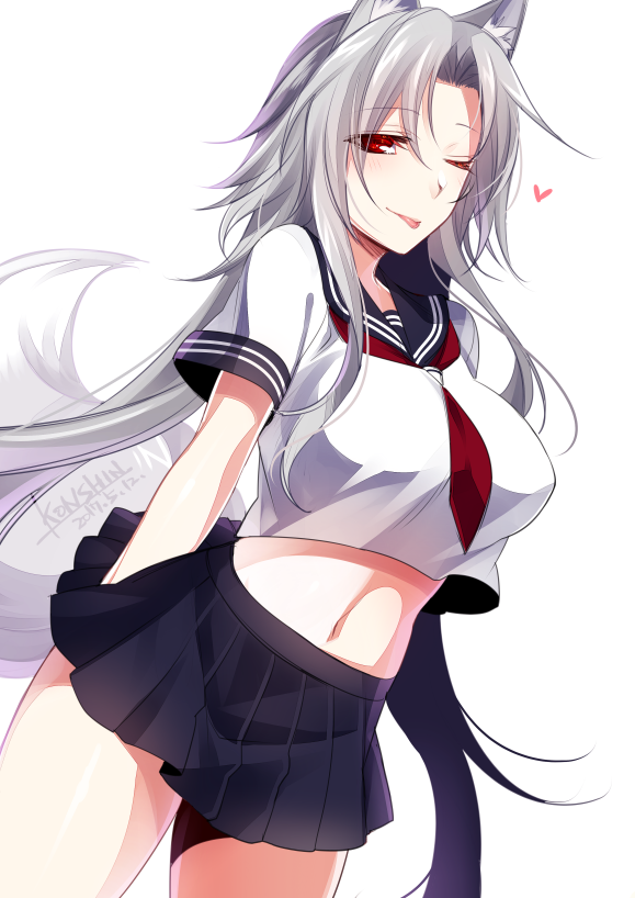1girl animal_ears arms_behind_back black_sailor_collar black_skirt breasts commentary_request cowboy_shot dated grey_hair heart konshin large_breasts long_hair looking_at_viewer midriff navel necktie one_eye_closed original pleated_skirt red_eyes red_neckwear sailor_collar school_uniform serafuku short_sleeves signature simple_background skirt solo standing very_long_hair white_background