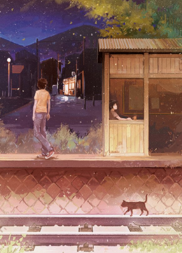 1boy 1girl blue_pants blue_sky brown_hair cat commentary_request denim gemi grass night night_sky original outdoors pants power_lines railroad_tracks shirt shoes short_sleeves sitting sky sneakers telephone_pole train_station walking yellow_shirt