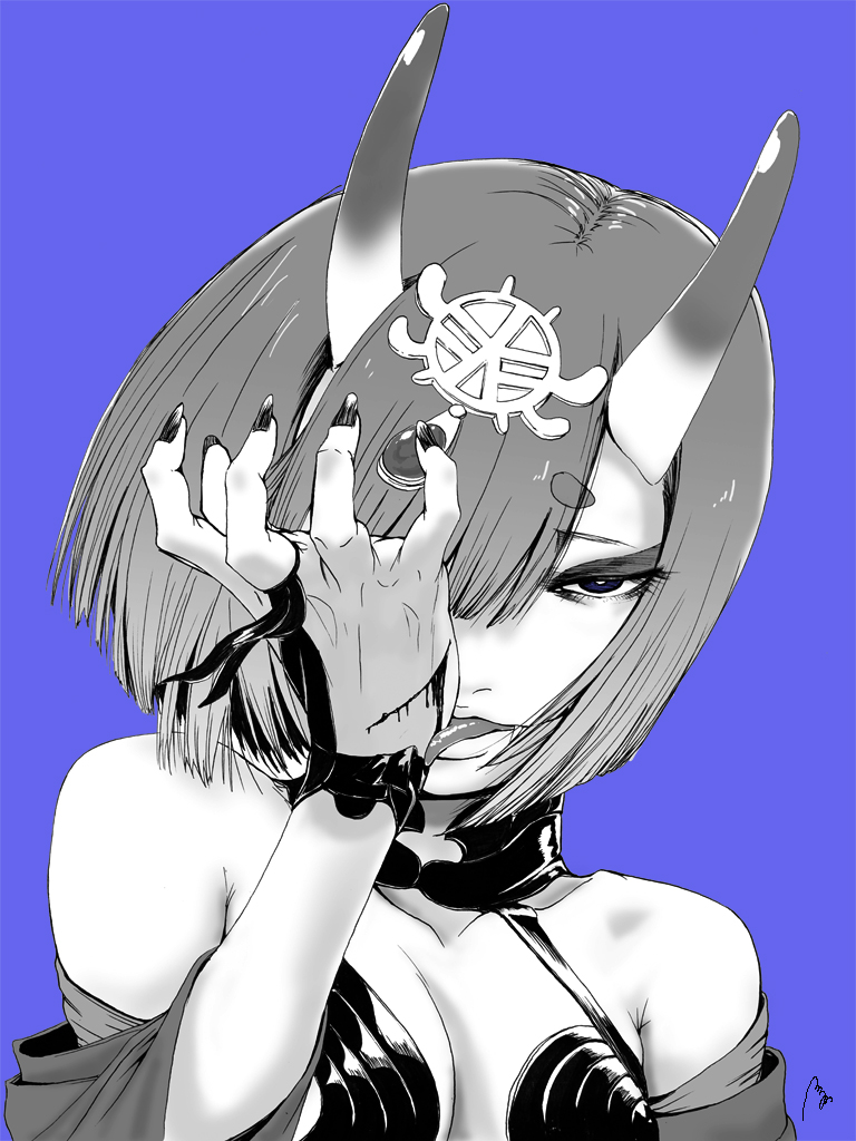 1girl :p bare_shoulders blood blue_background breasts commentary_request deep_wound fate/grand_order fate_(series) greyscale hand_up hane_(azelye) headpiece horns injury licking long_hair looking_at_viewer monochrome off_shoulder short_eyebrows shuten_douji_(fate/grand_order) signature simple_background small_breasts solo thick_eyebrows tongue tongue_out upper_body