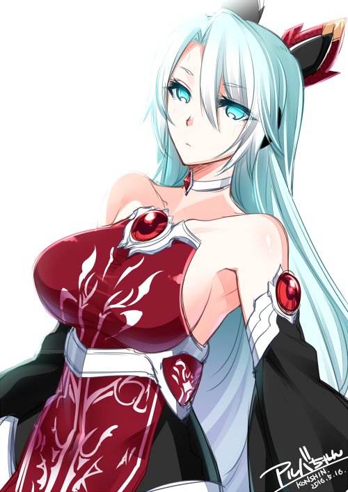 1girl bare_shoulders blue_eyes blue_hair breasts choker closed_mouth commentary_request dated gem glint hair_ornament konshin large_breasts long_sleeves looking_at_viewer original red_eyes sideboob signature simple_background solo upper_body white_background wide_sleeves