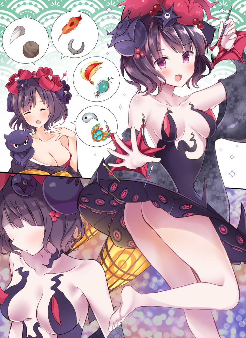 1girl :d ass bare_shoulders barefoot blueberry blueberry_hair_ornament blush breasts brown_background brown_hair cherry cherry_hair_ornament cleavage closed_eyes collarbone dress fate/grand_order fate_(series) feathers flower food food_themed_hair_ornament fruit gradient gradient_background green_background hair_flower hair_ornament highres holding holding_paintbrush katsushika_hokusai_(fate/grand_order) looking_at_viewer masayo_(gin_no_ame) multiple_views octopus open_mouth paintbrush purple_background purple_dress purple_flower red_flower short_hair smile soles sparkle sparkle_background speech_bubble standing standing_on_one_leg strapless strapless_dress violet_eyes white_background