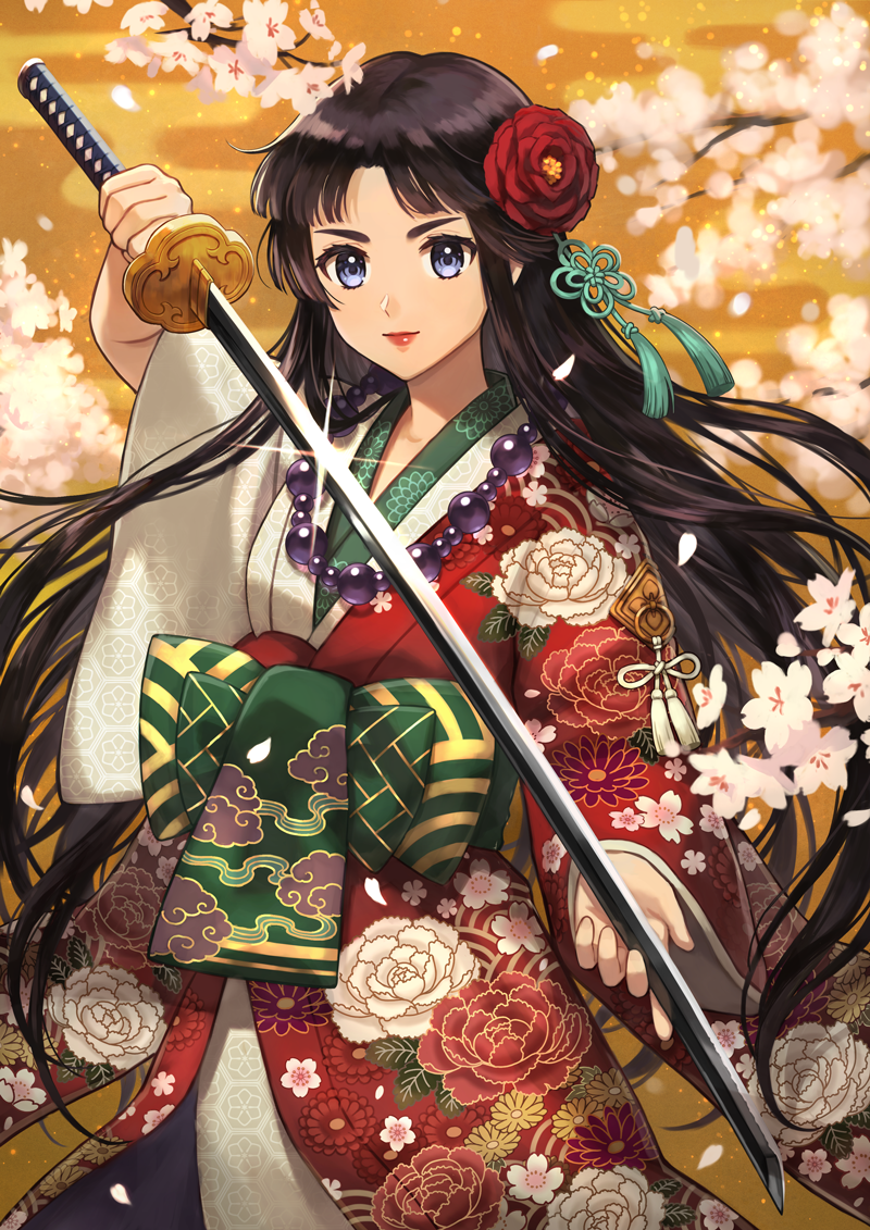 1girl black_hair blue_eyes cherry_blossoms floral_print flower fusohime glint hair_flower hair_ornament holding holding_sword holding_weapon jewelry katana lipstick long_hair looking_at_viewer makeup necklace orange_sky original outdoors sky standing sword tassel very_long_hair weapon wide_sleeves yuko666