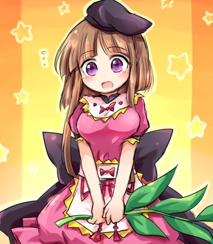 1girl :o breasts brown_hair dress eyebrows_visible_through_hair hat looking_at_viewer medium_breasts nishida_satono pink_dress pote_(ptkan) puffy_short_sleeves puffy_sleeves short_sleeves simple_background solo star starry_background touhou v_arms violet_eyes yellow_background