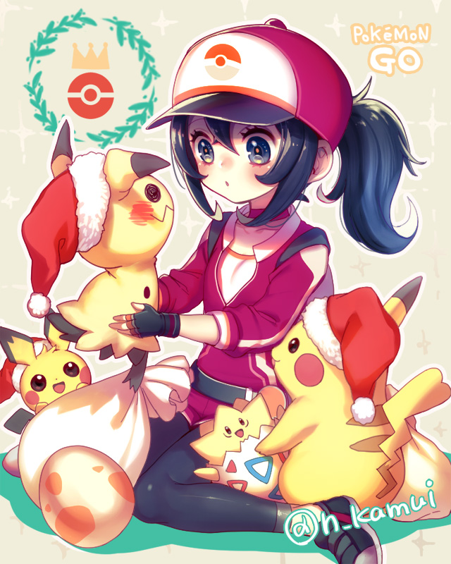 1girl :o bangs baseball_cap black_eyes black_footwear black_gloves black_hair black_legwear carrying choker copyright_name egg female_protagonist_(pokemon_go) fingerless_gloves gen_1_pokemon gen_2_pokemon gen_7_pokemon gloves hair_between_eyes hat leggings long_hair mimikyu n_kamui open_mouth pichu pikachu pokemon pokemon_(creature) pokemon_go ponytail red_choker sack santa_hat shoes sitting togepi twitter_username wariza