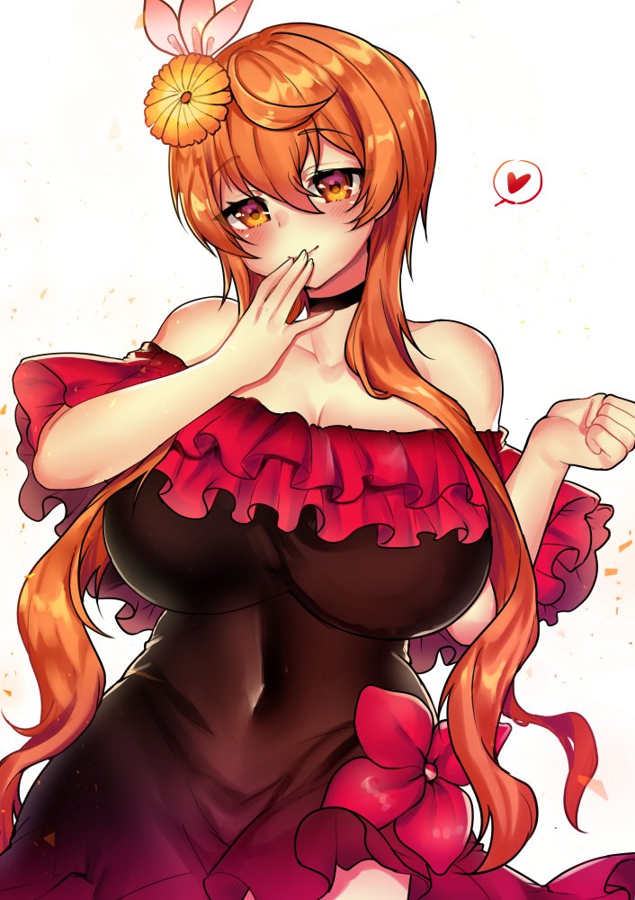 1girl ahoge bare_shoulders black_choker black_dress breasts choker commentary covered_navel dress english_commentary flower hair_flower hair_ornament hand_to_own_mouth hand_up heart huge_breasts long_hair looking_at_viewer nisekoi orange_eyes orange_flower orange_hair osiimi red_flower simple_background smile solo spoken_heart tachibana_marika upper_body very_long_hair white_background