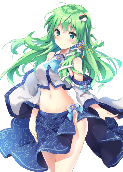 1girl ascot bare_shoulders blue_neckwear blue_skirt blush breasts closed_mouth commentary_request crop_top detached_sleeves eyebrows_visible_through_hair frog_hair_ornament green_eyes green_hair hair_ornament hair_tubes kochiya_sanae large_breasts long_hair long_sleeves looking_at_viewer midriff navel non_(nobu) simple_background skirt smile snake_hair_ornament solo standing stomach touhou white_background wide_sleeves